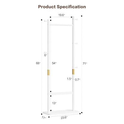 Solid Wood Coat Rack Freestanding, 71" Heavy Duty Clothes Rack with Dual Rods & Hooks, Stable Space Saving Hall Tree Entryway Organizer for Bedroom, Living Room (White) - color: White