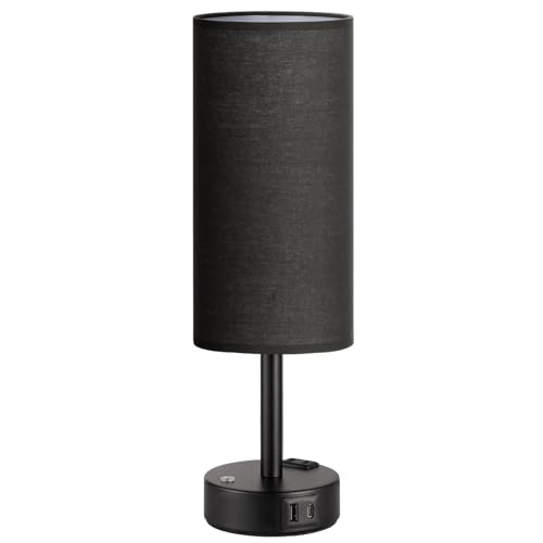 Black Touch Bedside Lamp for Bedroom, Stepless Dimmable, USB A+C, AC Outlet | Base Touch Button Only, Memory Brightness, Ultra-dim Night Light, Included Bulb for Optimal Dimming, Black Fabric Shade, Desk - color: Black & Black