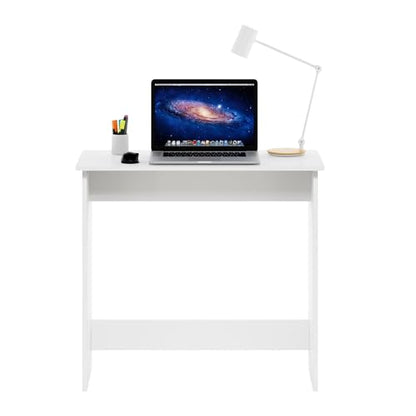 White Minimalist Study Desk Compact Writing Table Small Space Computer Desk Modern Simple Workstation for Bedroom Dorm Home Office Easy Assembly Space Saving Design