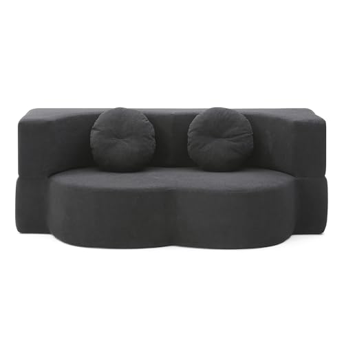 76" Convertible Folding Futon Sofa Bed, Queen Sleeper Sofa with Pillow, Teddy Floor & Futon Loveseat Couch, Foam Folding Mattress Sleeper for Living Room, Guest Use, Apartment, No Assembly (Black) - color: Black