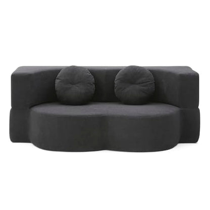 76" Convertible Folding Futon Sofa Bed, Queen Sleeper Sofa with Pillow, Teddy Floor & Futon Loveseat Couch, Foam Folding Mattress Sleeper for Living Room, Guest Use, Apartment, No Assembly (Black) - color: Black