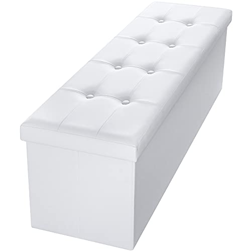 Camabel 43 Inch Folding Storage Ottoman Bench 120L Hold up 700lbs Ottoman with Storage Chest Foam Seat Padded Foot Rest Stool Faux Leather Bedroom Bench Coffee Table White - color: White