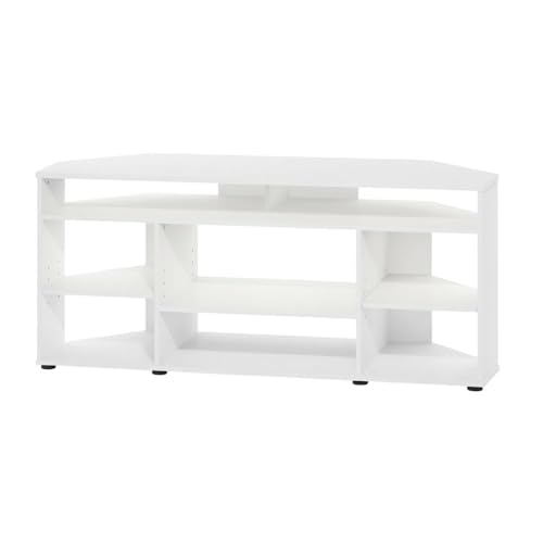 Furnifact White Corner TV Stand, for 55-Inch TVs, Rubberwood Solids, Cathedral Walnut Veneers, Durable Solid and Manufactured Wood Construction - color: White