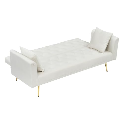 71" Modern Velvet Sofa Bed Futon, Convertible Sleeper Couch, Adj. Backrest | Tufted Recliner Loveseat Design with Golden Chrome Legs & 2 Pillows, Perfect for Small Spaces, Living Room, Apartment - color: Beige