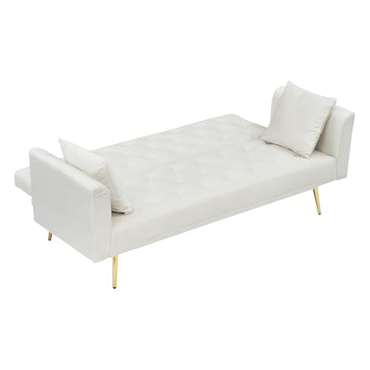 71" Modern Velvet Sofa Bed Futon, Convertible Sleeper Couch, Adj. Backrest | Tufted Recliner Loveseat Design with Golden Chrome Legs & 2 Pillows, Perfect for Small Spaces, Living Room, Apartment - color: Beige