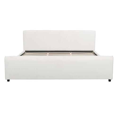 Merax King Size Luxury Bouclé Upholstered Bed Frame, White | Modern Curved Platform Bed with Rounded Headboard & Footboard, No Box Spring Needed, Solid Wood Slats Support, Easy Assembly - size: King