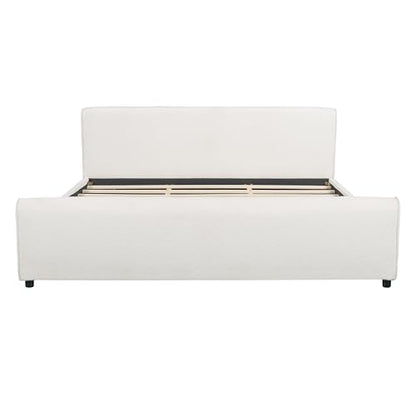 Merax King Size Luxury Bouclé Upholstered Bed Frame, White | Modern Curved Platform Bed with Rounded Headboard & Footboard, No Box Spring Needed, Solid Wood Slats Support, Easy Assembly - size: King