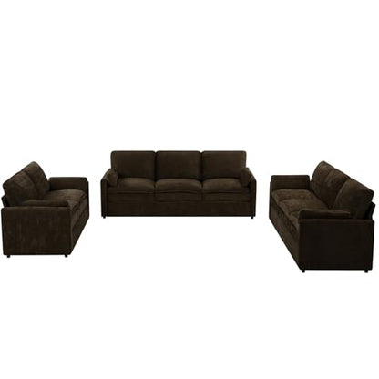 3 Pieces Chenille Sofa Set w/Two Arm Pillows, Brown | Upholstered Loveseat & 2 Pieces 3-Seater Sofa w/Soft Cushions, Modern 2-Seat & 3-Seat w/High-Density Foam for Living Room - color: Brown, size: 69" & 89" & 89" Sofa Set