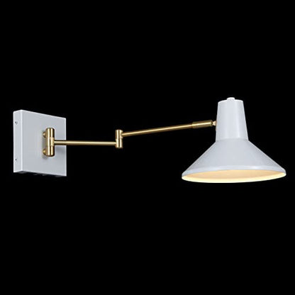 JONATHAN Y Hygge 1-Light Modern Swing Arm USB Sconce 8", White/Brass Gold | Metal Construction, Plug-In Midcentury Bedside Wall Lamp, Cone Shade, Adjustable Head, LED Bulb Included - color: White/Brass Gold