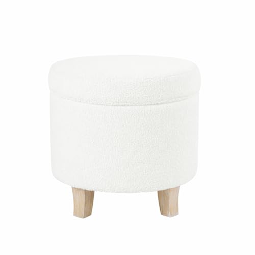 HomePop Round Transitional Faux Sheepskin Fabric Storage Ottoman Home Décor|Upholstered Round Foot Rest Ottoman- Light Cream Large - color: Light Cream