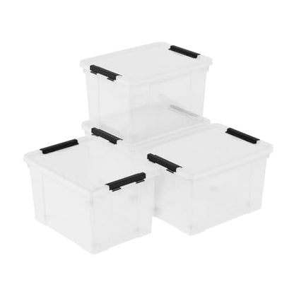 Set of 4 Storage Bins with Wheels, 23 L Clear Latch Boxes with Lids | Clear thick plastic, black side latch lid, built-in bottom rolling wheels, fit closet, bedroom and garage organization - size: 23 L