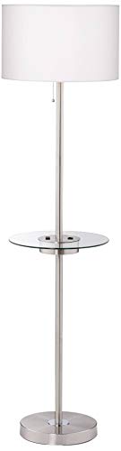 360 Lighting Caper 60 1/2" Tall Nickel Tray Table USB and Outlet Floor Lamp | Modern with AC Power on Glass 5 Satin White Fabric Drum Shade for Living Room Reading House Bedroom - color: Nickel - Single