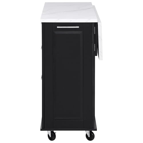50.7" Kitchen Island with Storage Tilt Trash Can Cabinet and Pull Out Cabinet Organizer, Rolling Kitchen Island on 5 Wheels with Drop Leaf (Black/tt) - color: Black/Tt)