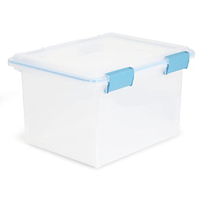 Sterilite Gasket Storage Box with Lids for Home & Office, 32 Quart, 16-Pack | Heavy-Duty, Stackable, and Organizing Containers for Bathroom, Cabinet, Closet, and Garage, Clear and Blue Aquarium Latches - size: 32 Quart, style: 16 Pack