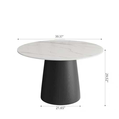 39" Round Dining Table for 2, Sintered Stone Top Solid Wood Pedestal, Snowy White+Black (Table Only) - color: Snowy White+black, size: 39"