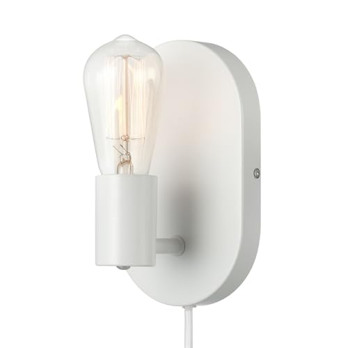 Globe Electric 65000134 1-Light Plug-in or Hardwire Wall Sconce, Matte White, 6ft White Fabric Covered Cord, Inline On/Off Rocker Switch, Bedroom, Living Room, Mounted Lamp