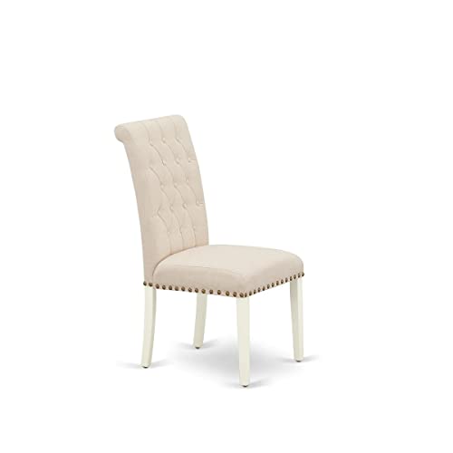 East West Furniture DLBR3-WHI-02 3 Piece Modern Dining Table Set Contains a Round Wooden Table with Dropleaf and 2 Light Beige Linen Fabric Parson Dining Chairs, 42x42 Inch, Linen White - color: Dlbr3-whi-02