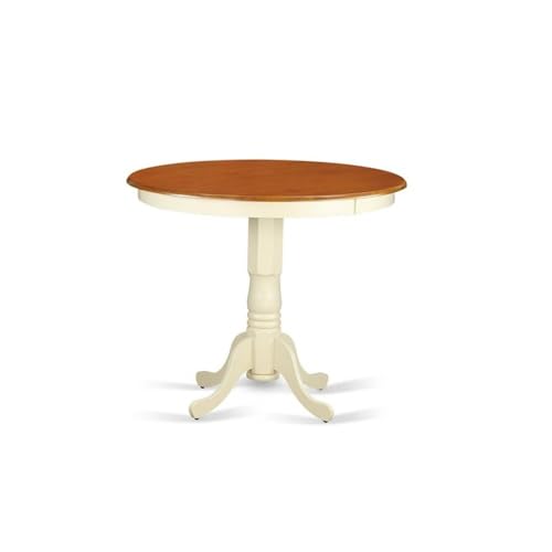 East West Furniture JAQU3-WHI-W 3 Piece Counter Height Dining Table Set Contains a Round Wooden Table with Pedestal and 2 Kitchen Dining Chairs, 36x36 Inch, Buttermilk & Cherry - color: Jaqu3-whi-w