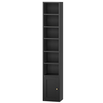 7-Tier Tall Narrow Bookshelf with Door, 11.8 X 9.3 X 70.9 Inches CD DVD Slim Media Tower Rack with Storage Cabinet, Adjustable Shelves, Skinny Bookshelf Display Bookcase for Home Office, Black - color: Black