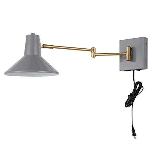 JONATHAN Y Hygge 1-Light Modern Swing Arm USB Sconce 8", Grey/Brass Gold | Metal Construction, Plug-In Midcentury Bedside Wall Lamp, Cone Shade, Adjustable Head, LED Bulb Included - color: Grey/Brass Gold
