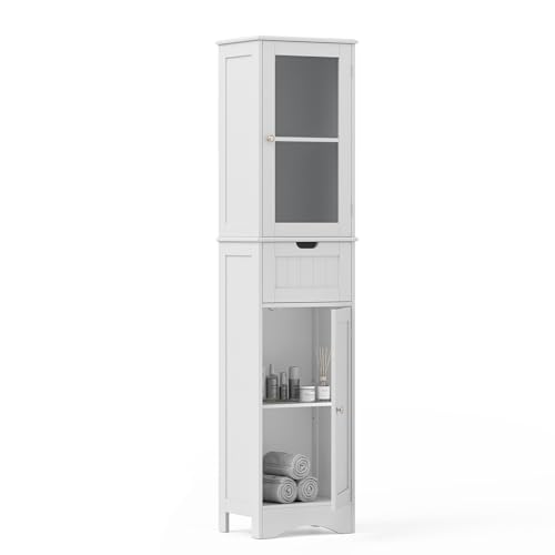 67” Tall Bathroom Storage Cabinet with 2 Doors & 1 Drawer, Modern Floor Cabinet with Adjustable Shelves & Frosted Glass Door, Narrow Linen Tower Cabinet for Bathroom Living Room (White) - color: White