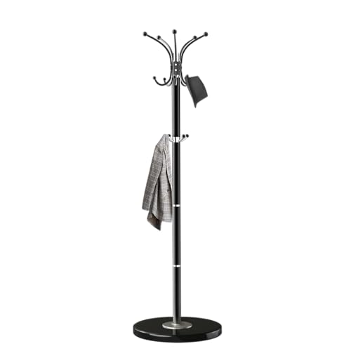 OIRUMIE Coat Rack,360°Rotary Coat Rack Stand,Coat Hanger Stand for Entryway | Metal Coat Rack Freestanding with Natural Marble Base & 14 Hooks,Black Modern Coat Stand, Clothes Hall Stand for Hallway - color: Black-14 Hooks