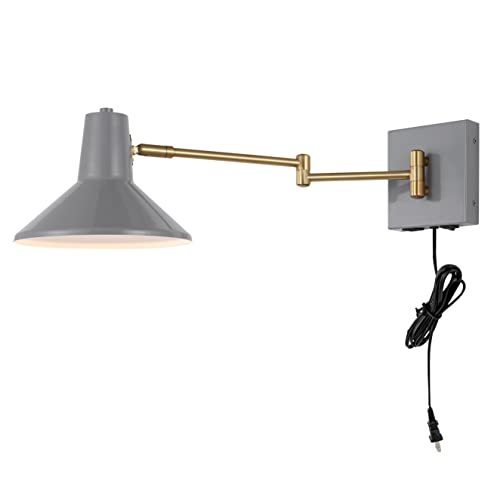 JONATHAN Y Hygge 1-Light Modern Swing Arm USB Sconce 8", Grey/Brass Gold | Metal Construction, Plug-In Midcentury Bedside Wall Lamp, Cone Shade, Adjustable Head, LED Bulb Included - color: Grey/Brass Gold