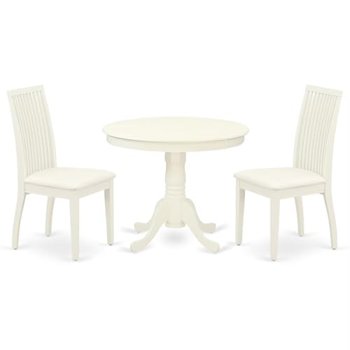 East West Furniture ANIP3-LWH-C 3 Piece Kitchen Table Set for Small Spaces Contains a Round Dining Table with Pedestal and 2 Linen Fabric Dining Room Chairs, 36x36 Inch, Linen White - color: Anip3-lwh-c
