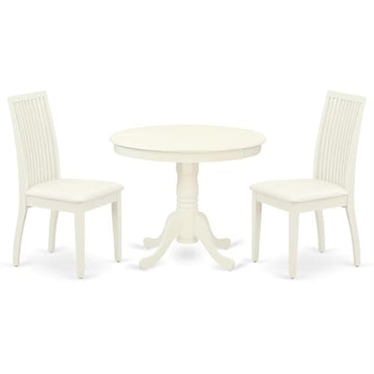 East West Furniture ANIP3-LWH-C 3 Piece Kitchen Table Set for Small Spaces Contains a Round Dining Table with Pedestal and 2 Linen Fabric Dining Room Chairs, 36x36 Inch, Linen White - color: Anip3-lwh-c