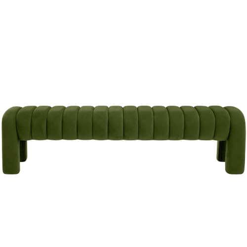 63” Dining Room Bench, Olive Green Tufted Upholstered End of Bed Bench, Modern Entryway Ottoman Window Seat with Solid Wood Legs and Padded Seat for Bedroom, Hallway and Living Room (Velvet) - color: Olive Green Velvet, size: 63"