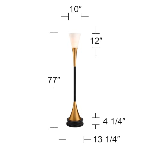 Piazza Brass and Black Torchiere 77" Tall Floor Lamp with Black Riser | Modern Industrial Style Antique Metal Frosted White Glass Shade for Living Room Reading House Bedroom Home Office - color: Black and Gold - Riser Included