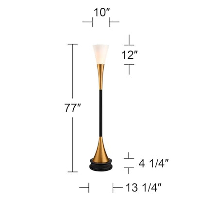 Piazza Brass and Black Torchiere 77" Tall Floor Lamp with Black Riser | Modern Industrial Style Antique Metal Frosted White Glass Shade for Living Room Reading House Bedroom Home Office - color: Black and Gold - Riser Included