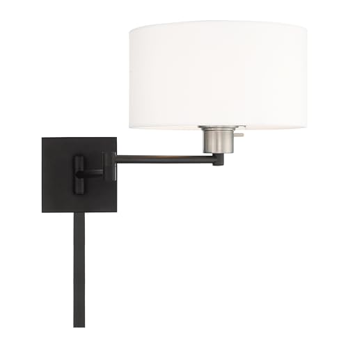 Livex Lighting 40036-04 1-Light Swing Arm Wall Light, Black | Off-White Fabric Shade - color: Black with Brushed Nickel Accent