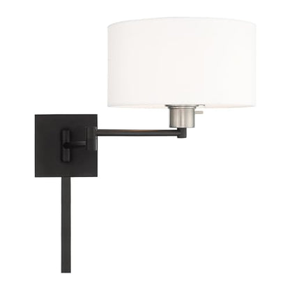 Livex Lighting 40036-04 1-Light Swing Arm Wall Light, Black | Off-White Fabric Shade - color: Black with Brushed Nickel Accent