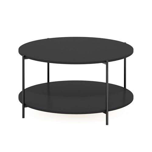 Furinno BESI 2-Tier Round Modern Coffee Table with Metal Legs, Side Table with Open Shelf, for Living Room, Bedroom, Home Office, Americano - color: Americano/Black, size: Metal Frame Coffee Table