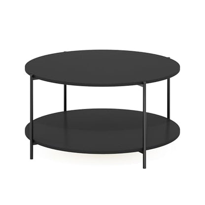 Furinno BESI 2-Tier Round Modern Coffee Table with Metal Legs, Side Table with Open Shelf, for Living Room, Bedroom, Home Office, Americano - color: Americano/Black, size: Metal Frame Coffee Table