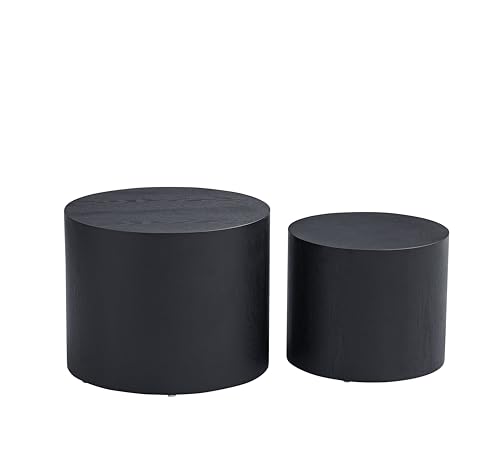 Nesting Coffee Table Set of 2 for Living Room, Modern Round End Table Set, Wooden Circle Side Table and Accent Furniture for Bedroom Balcony Lounge Home Office, No Assembling, Matte Black - color: Black