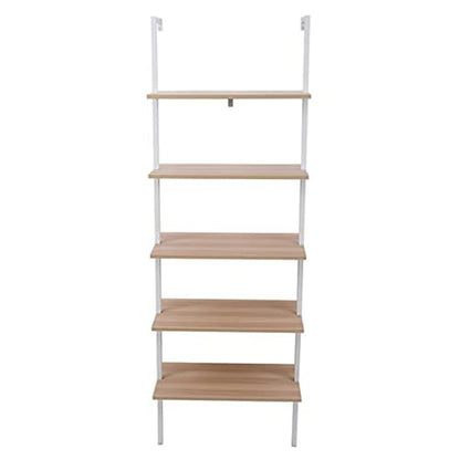 Industrial Bookcase Ladder Shelf, 5-Tier Wall Mounted Bookshelf Open Display Rack, Wood Storage Shelves for Bedroom, Home Office, Collection, Entryway and Hallway, Walnut