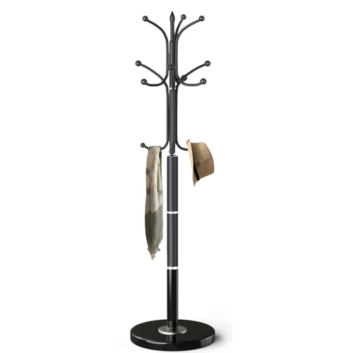 OIRUMIE Coat Rack,Coat Rack Stand with 12 Hooks,Coat Tree Stand for Corner | Coat Rack Freestanding with Natural Marble Base,Black Modern Coat Clothes Hall Tree Hanger Stand for Hallway,Entryway - color: Black-12 Hooks