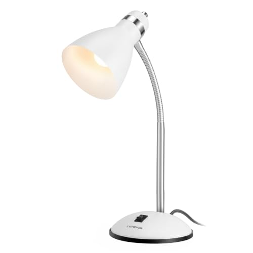 LEPOWER Metal Desk Lamp, Adjustable GooseNeck Reading Light for Bedroom | Compact & Sturdy, Space-Saving for Bedside & Dorm, E26 Table Lamp, Eye-Caring, Ideal for Study, Office, Back to School - color: White