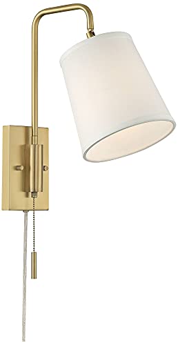 Luca 15 1/2" Warm Brass Swing Arm Plug-In Wall Mount Lamp Light Fixture | Mid Century Modern Indoor Finish Metal Fabric Shade for Bedroom Bedside House Reading Living Room Home Hallway