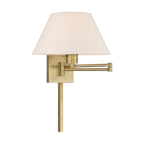 Livex Lighting 40038-01 1-Light Swing Arm Wall Light, Antique Brass | Oatmeal Fabric Shade - color: Antique Brass