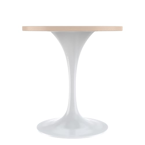 LeisureMod Verve Mid-Century Modern 27 Inch Round Dining Table, MDF Wood Tabletop with White Steel Pedestal Base, Contemporary Kitchen & Dining Room, Small Space Breakfast Table, Light Natural Wood - color: Light Natural Wood, size: 27 inch Wide