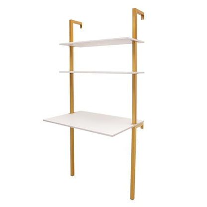 Industrial Wall Mount Desk, 3-Tier Ladder Computer Desk, 30inch Floating Computer Writing Table with Storage Shelves for Home Office Small Spaces (Gold+White) - color: Gold+white