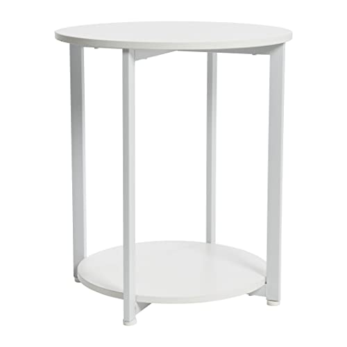 Household Essentials Round Side End Table with Storage Shelf in Scandinavian Wood Grain and Metal Frame, White - color: Scandinavian White