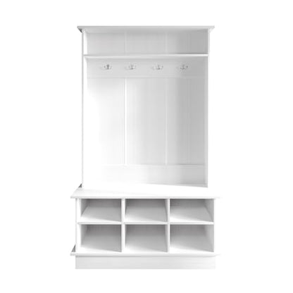 Entryway Hall Tree with Bench and 6 Storage Cubbies, White - color: White
