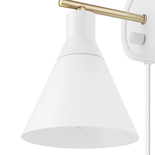Globe Electric 65542 1-Light Plug-in or Hardwire Wall Sconce, Matte White, Brass Accent, Stepless Dimming Rotary Switch, Fabric Cord, Modern Lighting for Apartment or Renters, Home Decor