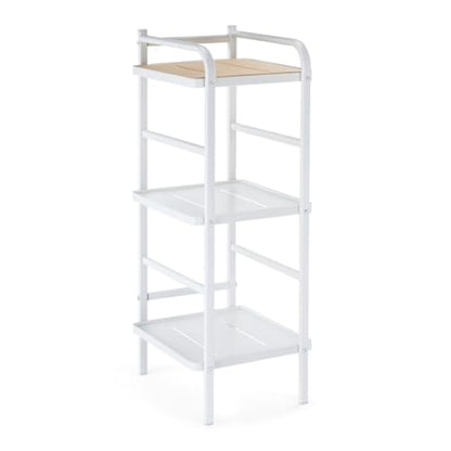 Home Zone Living Tall White Bookshelf with 3-Tier Open Display Shelves | Wide Steel Frame Design with Bamboo Accent Top Shelf - color: 3-tier Slim