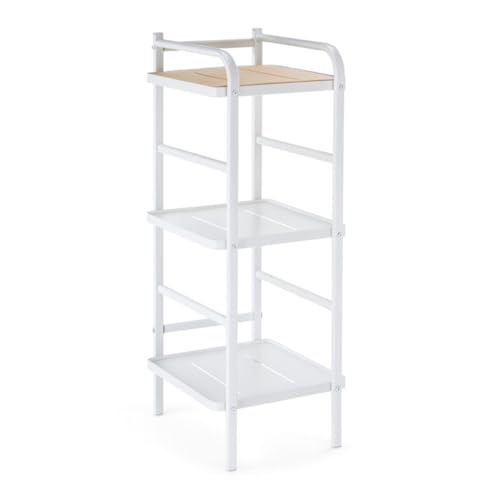 Home Zone Living Tall White Bookshelf with 3-Tier Open Display Shelves | Wide Steel Frame Design with Bamboo Accent Top Shelf - color: 3-tier Slim