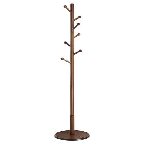 VASAGLE Solid Wood Coat Rack, Free Standing Hall Coat Tree with 7 Hooks, 3 Height Options, for Coats, Hats, Bags, Purses, for Entryway, Hallway, Rubberwood Hooks and Pole, Dark Walnut URCR07WN - color: Dark Walnut, style: Round Base + Spherical Hooks